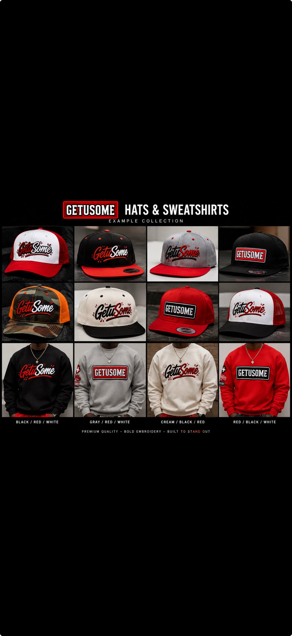 GETUSOME signature sweatshirts, leggings and snapback hats